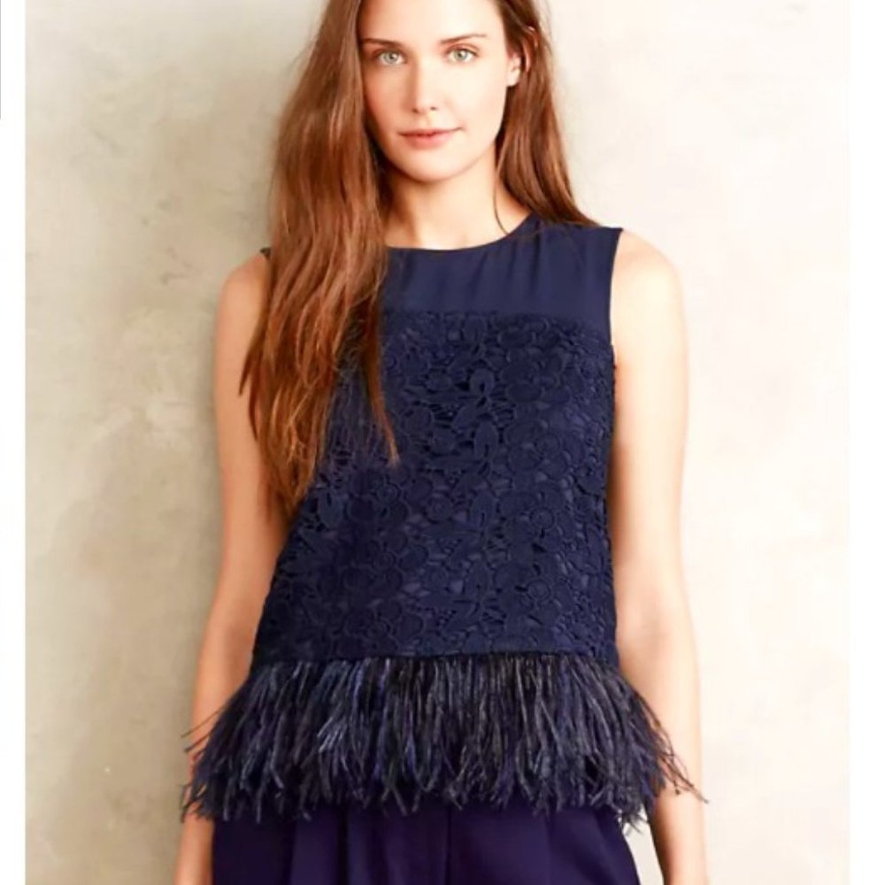 Anthropologie Feathered Fringe navy floral top NWT